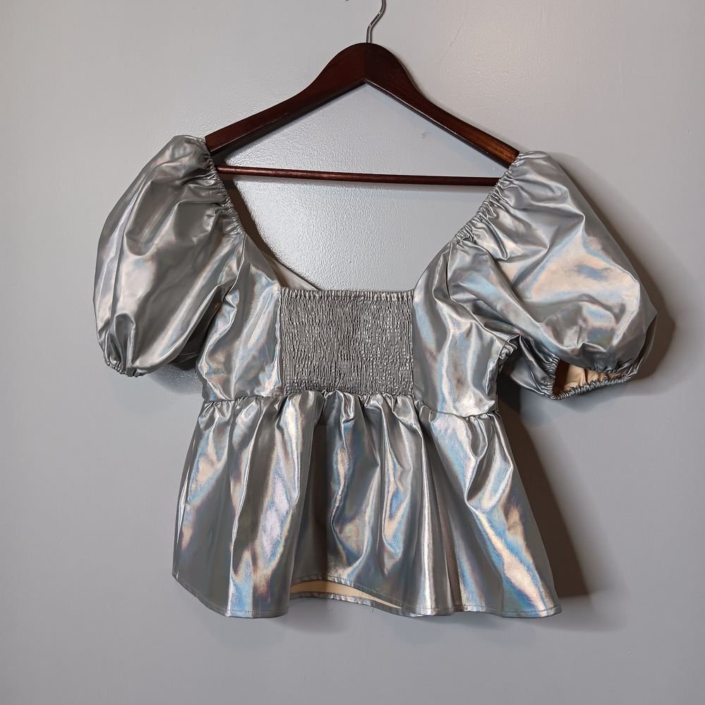 Revolve Buddy Love Houston Top M Iridescent Silver Puff Sleeve Babydoll Y2K - Picture 9 of 10
